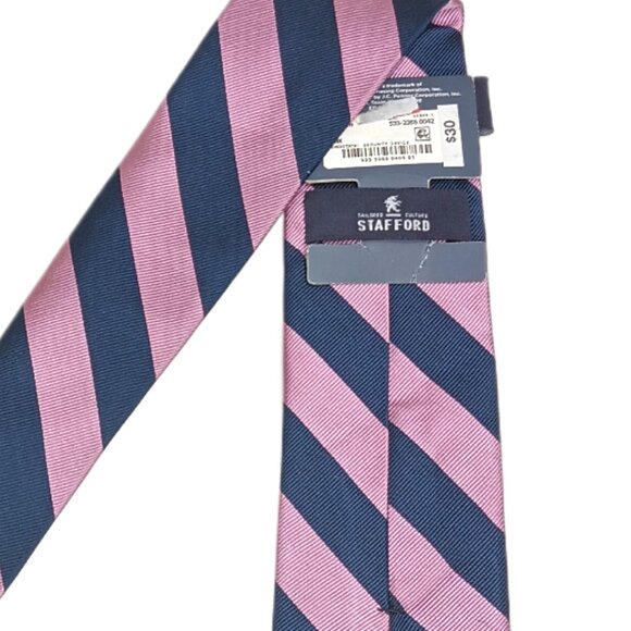 Stafford Silk Repp Tie Mens 59.5” Navy Blue Pink Stripe Designer Classic Tie NWT - Picture 4 of 4